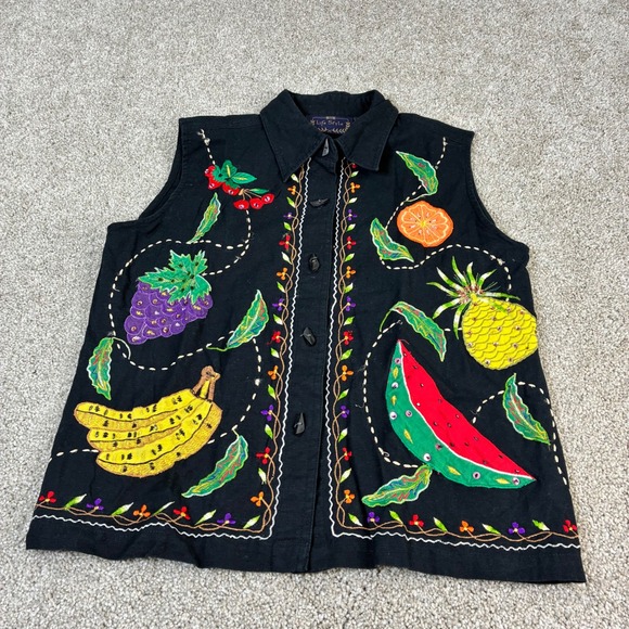 VTG Life Style Fruit Embroidered Vest Sleeveless Button Up Black‎ Linen Blend M - Picture 1 of 5